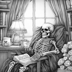 skeleton in fuzzy socks reads a book sipping tea in a cozy bedroom with string lights cobwebs and fall decor
