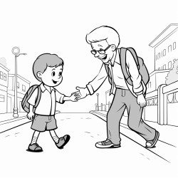a 3 year old boy helping an old man to cross the road