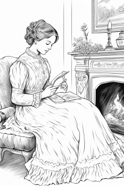 a beautiful victorian woman in her 20s reading a book by a fireplace