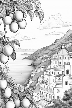 view of amalfi coast with 5 large lemons hanging in foreground