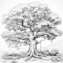 a majestic oak tree with branches full of multicolored leaves with acorns scattered at its base