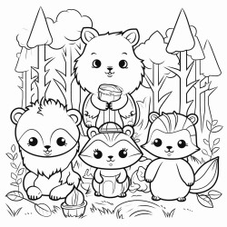 a blackandwhite coloring book page with cute cartoon woodland animals warm and hyggeinspired with simple bold lines