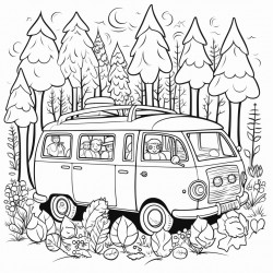 a camper van parked in a dense forest with wild animals around it