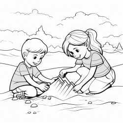 a beach where kids are playing in the sand making sand castles swimming in the ocean and surfing
