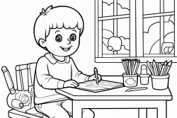 a little boy coloring on a table with many colors