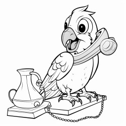 a parrot talking on the telephone sitting on a flying carpet