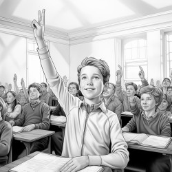child raising hand in class