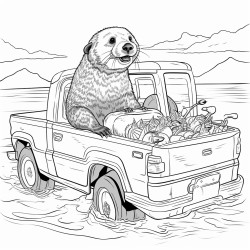 sea otter riding in the back of a pickup truck