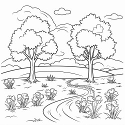 make me a drawing page of trees and a field with flowers