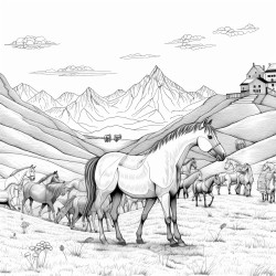 horse herd with foals and all horses in middle moutains in backround