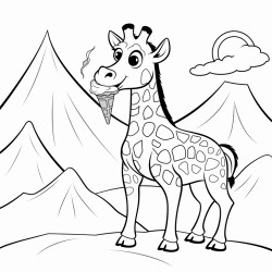 giraffe eating an ice cream cone in front of a mountain