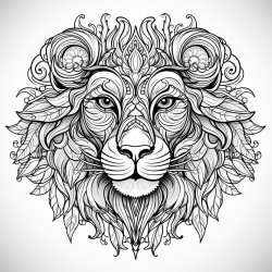 lion face highly detailed black outline mandalas theme floral elements epic illustration masterpiece detailed drawing