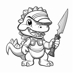 a dinosaur soldier wearing a helmet and wielding a sword