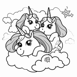 unicorn family flying over rainbow