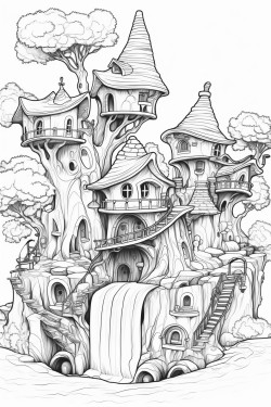 elves village with little treehouses and flying elves