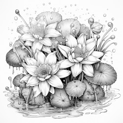 gothic flowers raining into pond with frog and water lily and fireflies