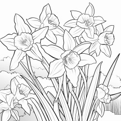 create a blackandwhite coloring page featuring daffodils in full bloom facing the sunlight use bold clear outlines for large petals stems and leaves position some daffodils facing forward and others to the side showing the suns direction keep the design simple with large areas