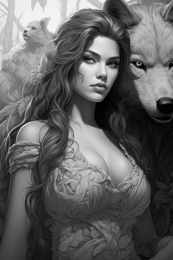 a badass tatted woman posing with her beautiful fierce black wolf