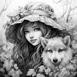 a girl wearing old fashioned traditional clothes like an old frilly bonnet playing with a dog in a beautiful forest