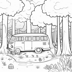 a camper van parked in a dense forest with wild animals around it
