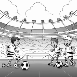 a soccer game in a stadium with four players disputing a match