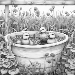 swimming baby ducks in a zinc tub filled with water in a romantic farmers garden
