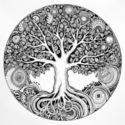 tree mandalas pattern highly detailed black outline no greyscale zentagle art on roots