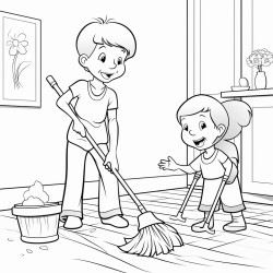 a 3 year old boy and his mom both are having brooms in their hand and are cleaning the floor