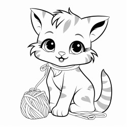 kitten playing with yarn no color no shading thick lines