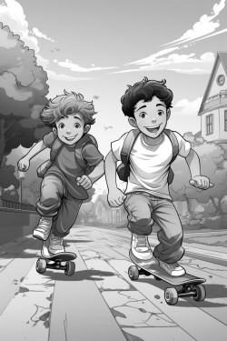 two boys racing on skateboards