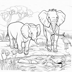 safari animals in action coloring book page clear thick outlines