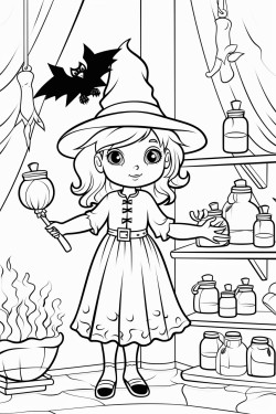 witch in a room full of potions and crows