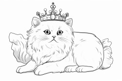 fluffy white spoiled cat with crown on the head and pink diamond ring on left paw lying on a cushion