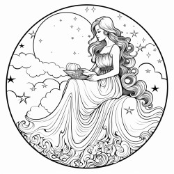 woman sitting on the moon wearing a gothic style gown with mushrooms growing on the moon
