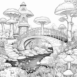 a whimsical garden with lots of flowers and trees and a pond and a bridge in the middle