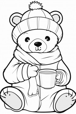think outline cartoon style bear in pajamas and a sleeping cap drinks tea with honey