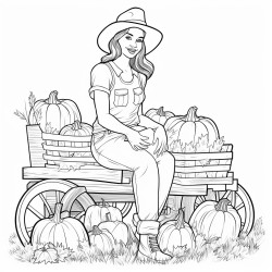 adult woman in jeans and check shirt sitting on a hay wagon which ist loaded with different pumpkins