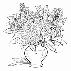create a blackandwhite coloring page of a lilac bouquet in a vase use bold outlines for the small lilac flowers and a simple elegant vase ensure enough space between flowers leaves and the vase for easy coloring the overall design should have clear sections free of color