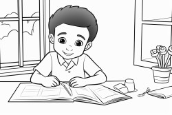 a little boy coloring on a table with many colors
