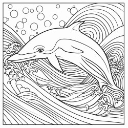 simple dophin fish over waves 16 colors 100 curved segments bold black lines no details no grayscale no shadows coloring page coloring page