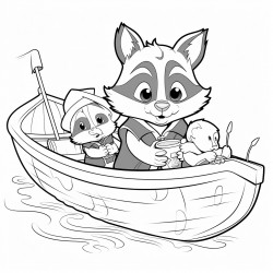 papa racoon helping baby racoon with his boat toy