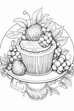 create a blackandwhite coloring page illustration featuring an clair on a beautiful plate elegantly decorated with berries the design must have maximum clarity in detail showcasing the textures layers and decorations of the clair making it suitable for coloring