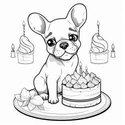 cartoon french bulldog with cake