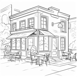 create a simple black and white line drawing of a quaint welcoming cafe