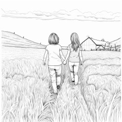 view from behind two kid sisters holding hands walking through a hay field across rolling hillstowards a distant barn