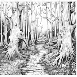 a haunted trail with with tall trees