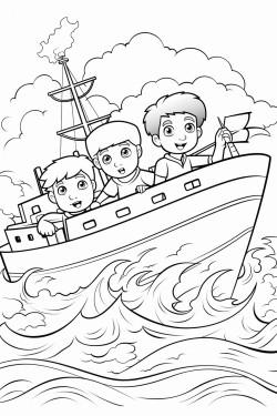 worried boys working in a big boat with a big storm