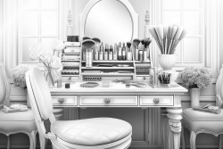 a chic vanity with an elegant mirror surrounded by makeup brushes foundations eyeshadow palettes and lipstick tubes