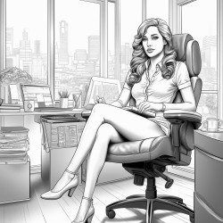 1 elf woman wearing short shorts sitting in office chair in executive apartment