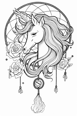 a unicorn with its mane flowing through a dreamcatcher